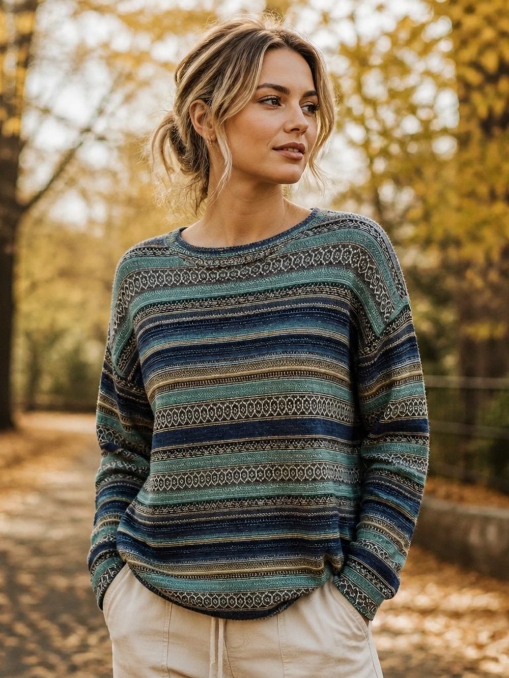 J. Jill Multi-Stripe Crewneck Sweater in Teal, Navy & Olive